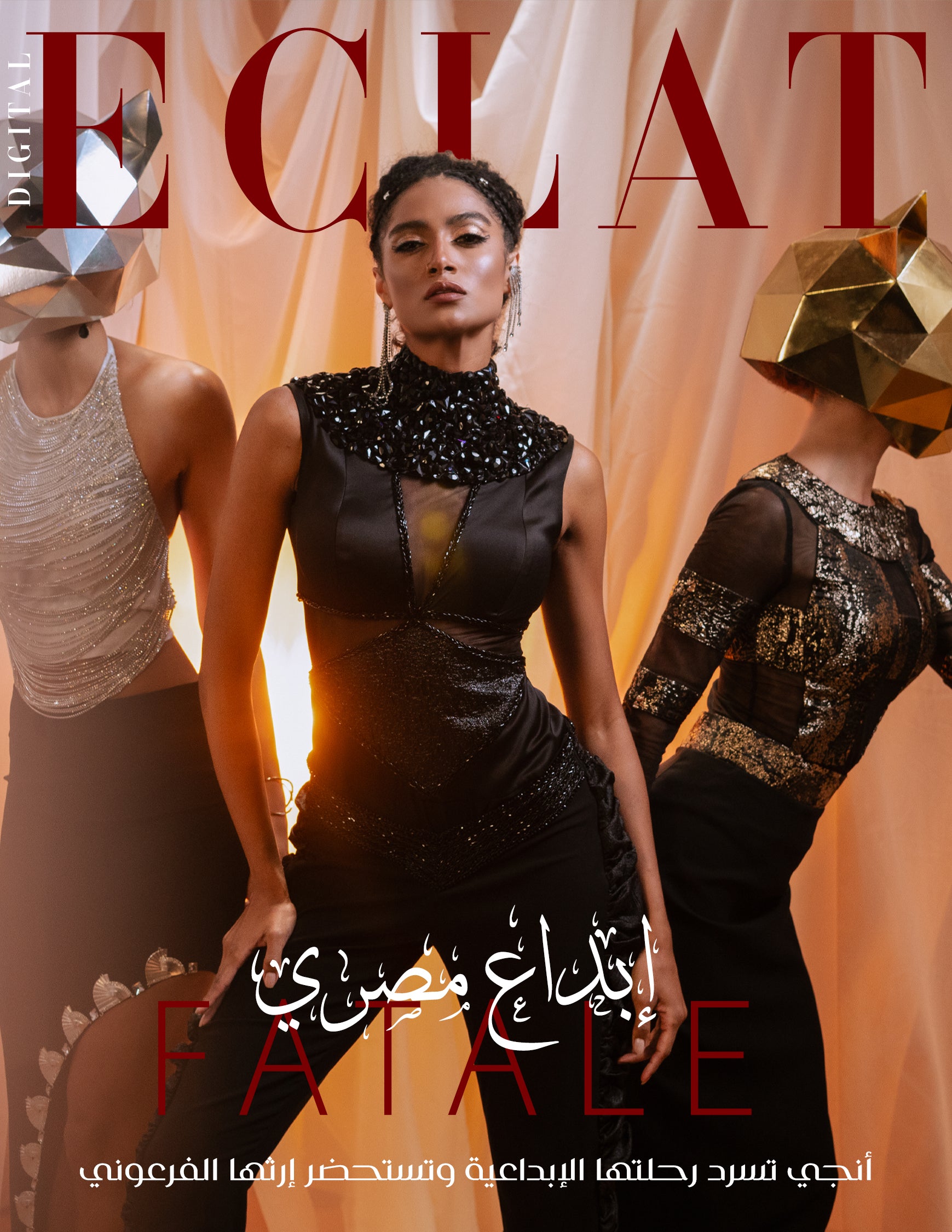 Model in a black dress with embellishments on a magazine cover with 'Eclat' branding.